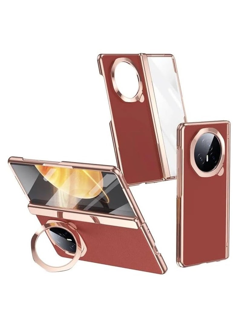 Generic - Case Compatible with Honor Magic V3 Case, 【Built-in Screen Protector】 Plating Frame Plain Leather Case Lens Kickstand All-inclusive Hinge Protective Cover - Image 1