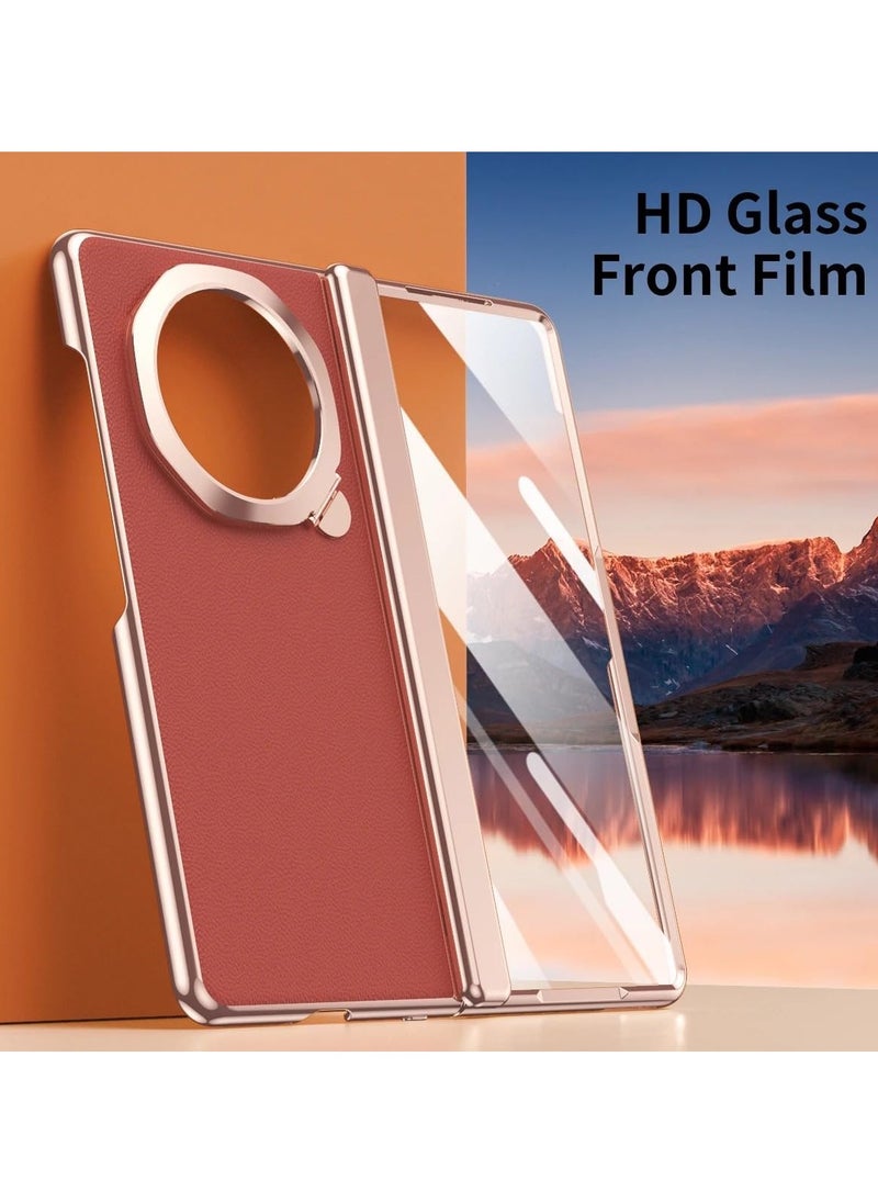 Generic - Case Compatible with Honor Magic V3 Case, 【Built-in Screen Protector】 Plating Frame Plain Leather Case Lens Kickstand All-inclusive Hinge Protective Cover - Image 1