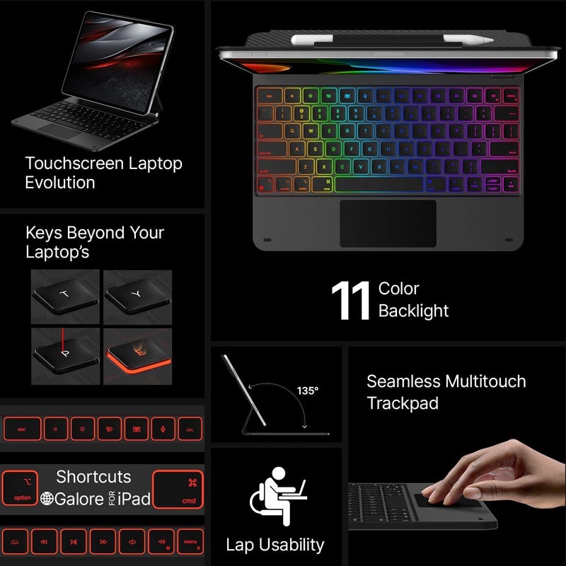typecase غطاء لوحة مفاتيح آي باد إير 13 بوصة (M3/M2، 2025/2024) و لوحة مفاتيح سحرية آي باد برو 12.9 بوصة (الجيل 3/4/5/6) ، لوحة تتبع متعددة اللمس بدقة، ذراع عائم، إضاءة خلفية بـ 11 لون (ألياف كربونية) - Image 3