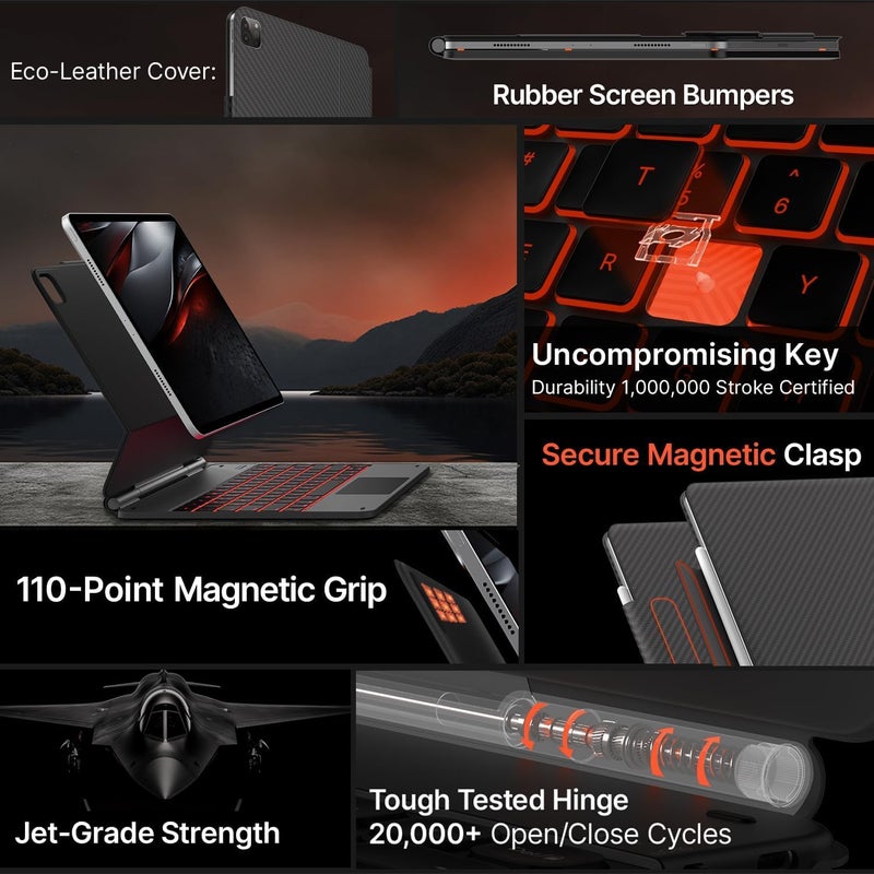 typecase غطاء لوحة مفاتيح آي باد إير 13 بوصة (M3/M2، 2025/2024) و لوحة مفاتيح سحرية آي باد برو 12.9 بوصة (الجيل 3/4/5/6) ، لوحة تتبع متعددة اللمس بدقة، ذراع عائم، إضاءة خلفية بـ 11 لون (ألياف كربونية) - Image 5
