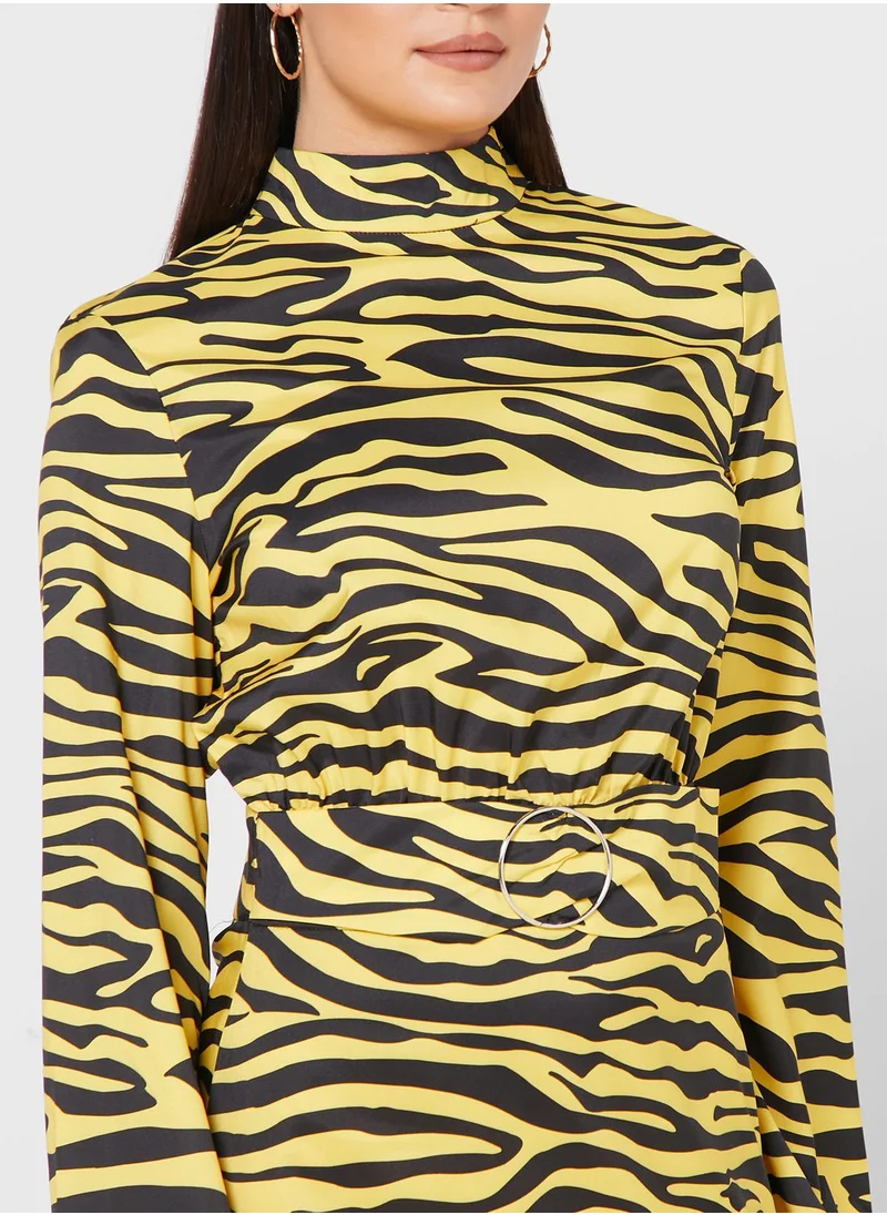 ELLA Zebra Print Ring Buckle Midi Dress