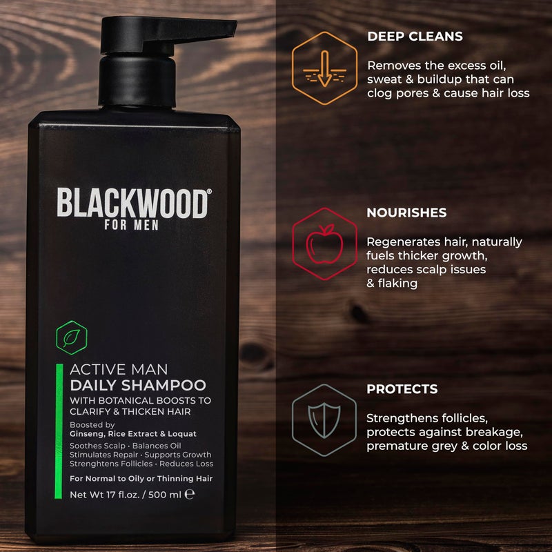 BLACKWOOD FOR MEN Active Man Daily Shampoo - Thickening & Clarifying Shampoo for Normal to Oily Hair or Scalp - Fights Hair Loss - Natural Vegan Formula - Sulfate Free with Ginseng & Aloe Vera (17oz) - Image 5