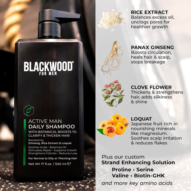 BLACKWOOD FOR MEN Active Man Daily Shampoo - Thickening & Clarifying Shampoo for Normal to Oily Hair or Scalp - Fights Hair Loss - Natural Vegan Formula - Sulfate Free with Ginseng & Aloe Vera (17oz) - Image 4
