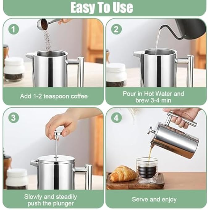 SUPVOX French Press Coffee Maker 1000Ml Coffee Double Layer Filter French Press Coffee Maker With 2 Spoon And Premium Filtration System French Press Stainless Steel Coffee Maker For Dishwasher Safe - Image 5