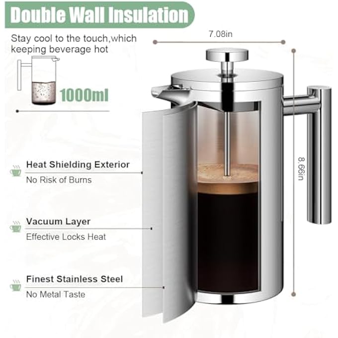 SUPVOX French Press Coffee Maker 1000Ml Coffee Double Layer Filter French Press Coffee Maker With 2 Spoon And Premium Filtration System French Press Stainless Steel Coffee Maker For Dishwasher Safe - Image 3