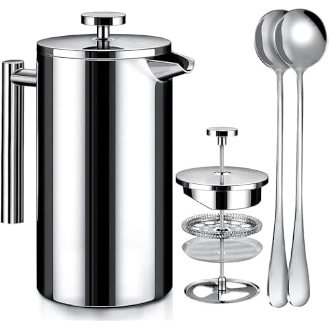 SUPVOX French Press Coffee Maker 1000Ml Coffee Double Layer Filter French Press Coffee Maker With 2 Spoon And Premium Filtration System French Press Stainless Steel Coffee Maker For Dishwasher Safe - Image 2