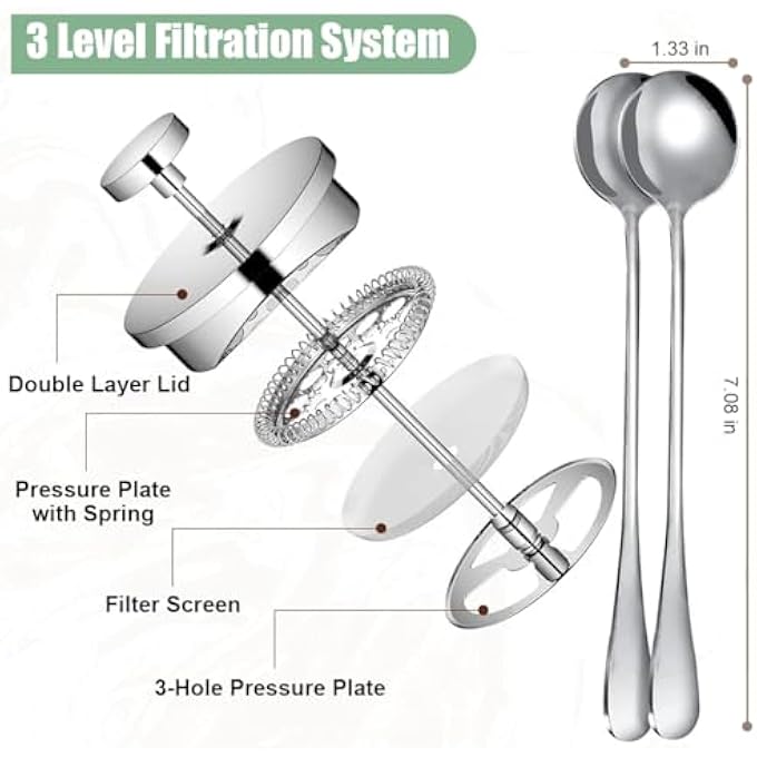 SUPVOX French Press Coffee Maker 1000Ml Coffee Double Layer Filter French Press Coffee Maker With 2 Spoon And Premium Filtration System French Press Stainless Steel Coffee Maker For Dishwasher Safe - Image 4