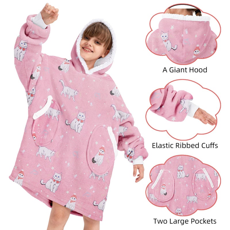 Zando Zando Cat Blanket Hoodie Pink Blanket for Kids Cozy Warm Hooded Blanket for Boys Girls Oversized Wearable Blanket Hoodies Sherpa Blanket Hoodie with Pocket Thick Fleece Sweater Blanket Gift for Teens - Image 3
