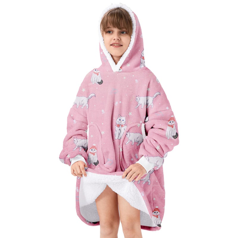 Zando Zando Cat Blanket Hoodie Pink Blanket for Kids Cozy Warm Hooded Blanket for Boys Girls Oversized Wearable Blanket Hoodies Sherpa Blanket Hoodie with Pocket Thick Fleece Sweater Blanket Gift for Teens - Image 1