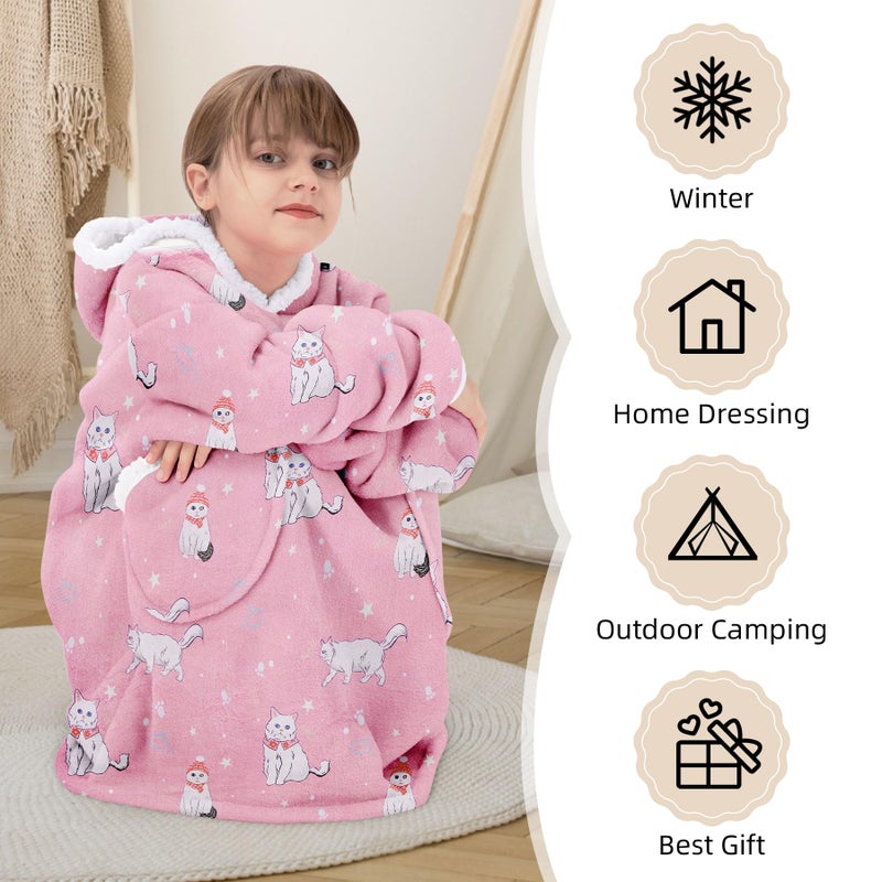 Zando Zando Cat Blanket Hoodie Pink Blanket for Kids Cozy Warm Hooded Blanket for Boys Girls Oversized Wearable Blanket Hoodies Sherpa Blanket Hoodie with Pocket Thick Fleece Sweater Blanket Gift for Teens - Image 4