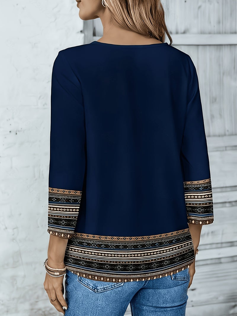 Light Luxury Bohemian Ethnic Print Top, Women's Loose Fit Three - Quarter Sleeve Round Neck Shirt - Navy / S - Image 2