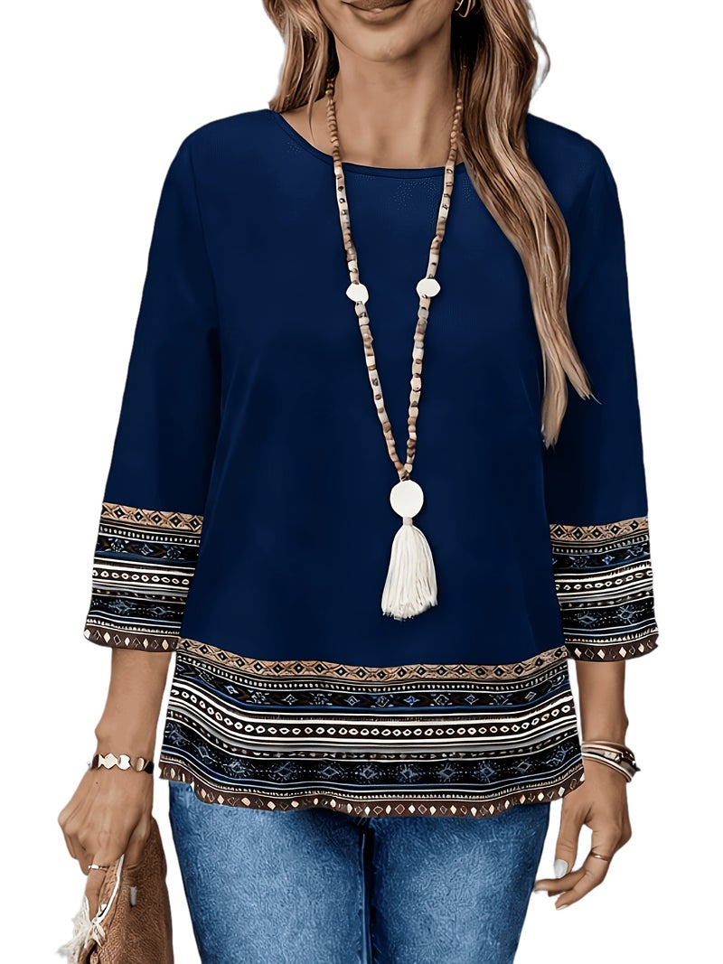 Light Luxury Bohemian Ethnic Print Top, Women's Loose Fit Three - Quarter Sleeve Round Neck Shirt - Navy / S - Image 1