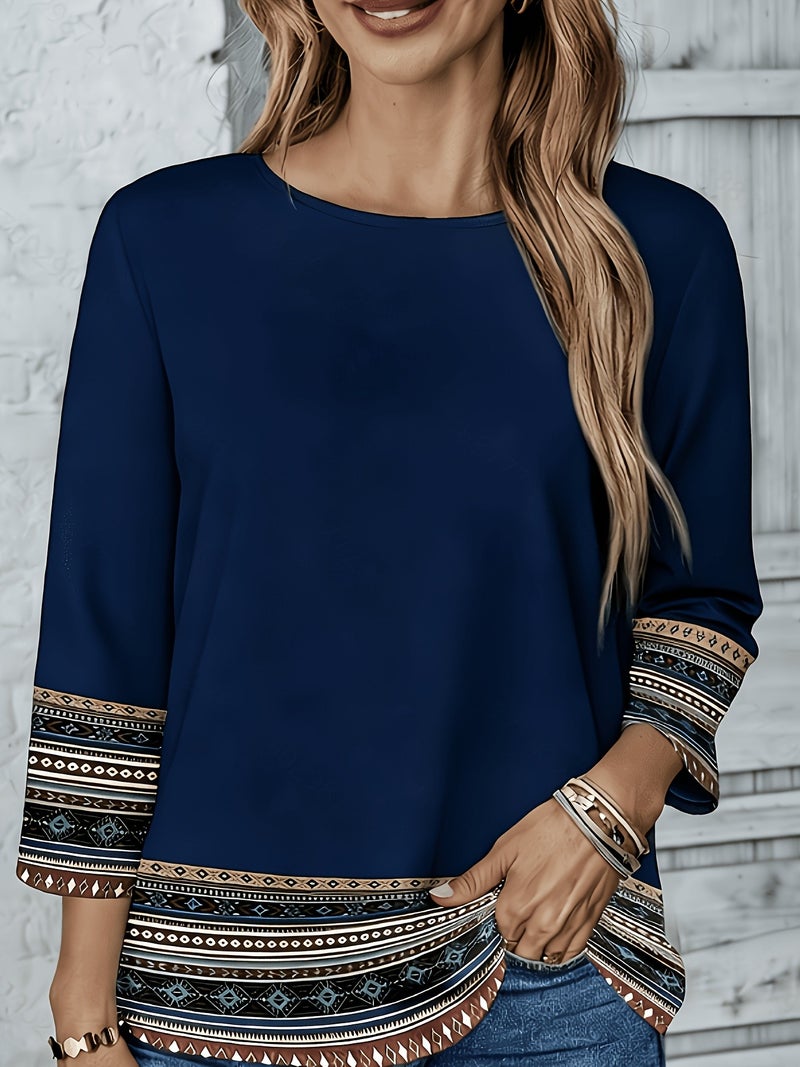 Light Luxury Bohemian Ethnic Print Top, Women's Loose Fit Three - Quarter Sleeve Round Neck Shirt - Navy / S - Image 3