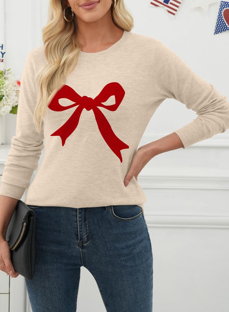 EVALESS Spring Sweaters for Women 2026 Trendy Lightweight Wool Blend Knit Sweaters Cute Long Sleeve Crewneck Bow Graphic Sweater Spring Outfits Pullover Sweater Tops Jet Stream Medium - Image 3