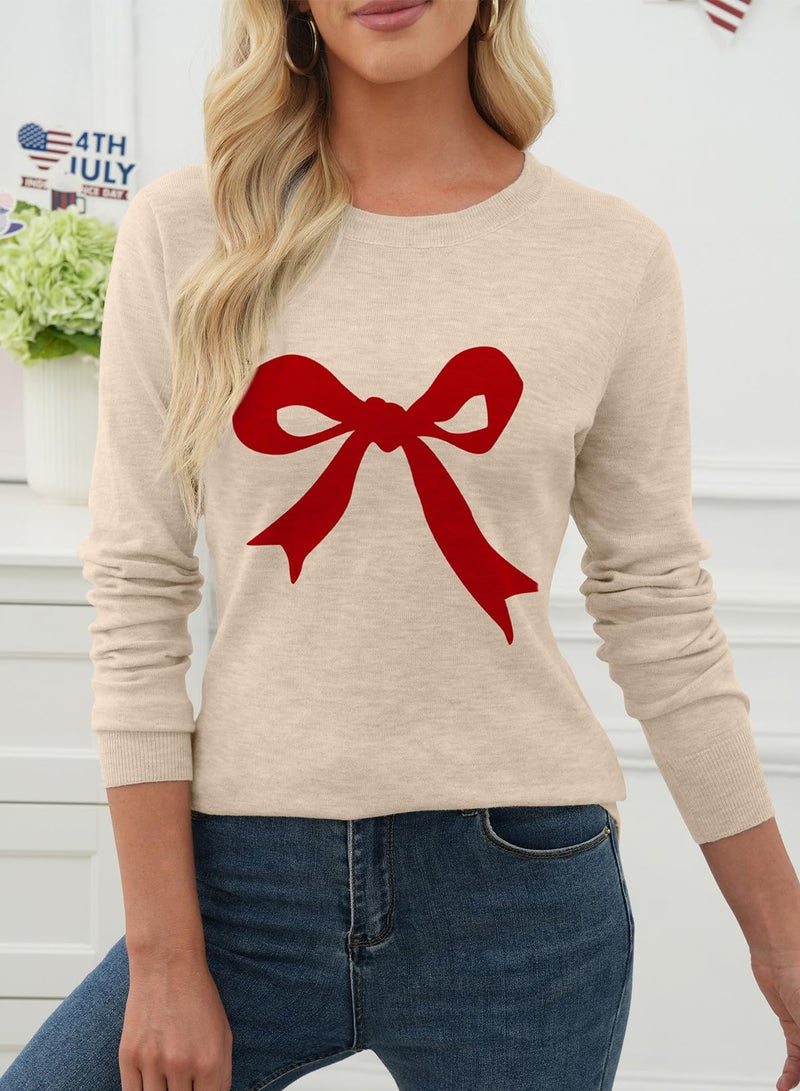 EVALESS Spring Sweaters for Women 2026 Trendy Lightweight Wool Blend Knit Sweaters Cute Long Sleeve Crewneck Bow Graphic Sweater Spring Outfits Pullover Sweater Tops Jet Stream Medium - Image 2