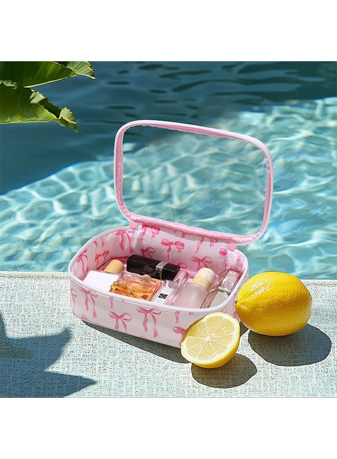 حقيبة مكياج شفافة لطيفة مع نمط فيونكة، حقيبة مستحضرات تجميل سفر شفافة من النايلون مع سحاب، حقيبة تنظيم مكياج محمولة للأساسيات - Image 3