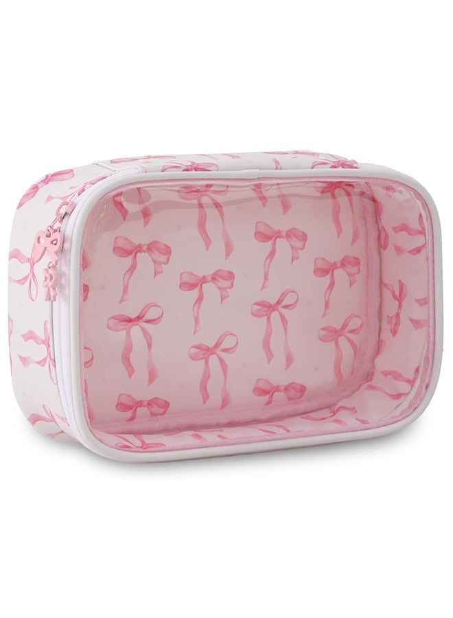 حقيبة مكياج شفافة لطيفة مع نمط فيونكة، حقيبة مستحضرات تجميل سفر شفافة من النايلون مع سحاب، حقيبة تنظيم مكياج محمولة للأساسيات - Image 1