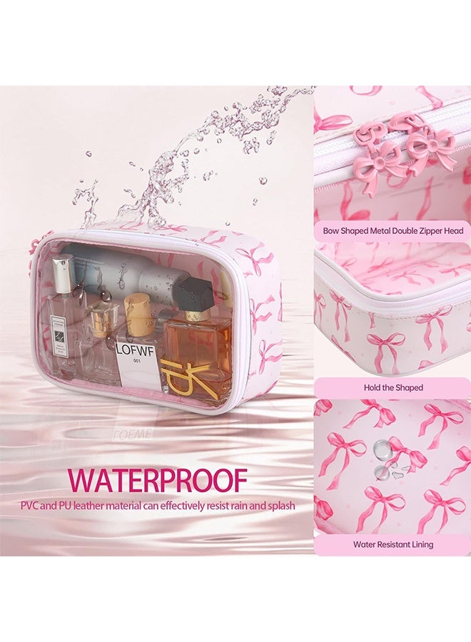 حقيبة مكياج شفافة لطيفة مع نمط فيونكة، حقيبة مستحضرات تجميل سفر شفافة من النايلون مع سحاب، حقيبة تنظيم مكياج محمولة للأساسيات - Image 2