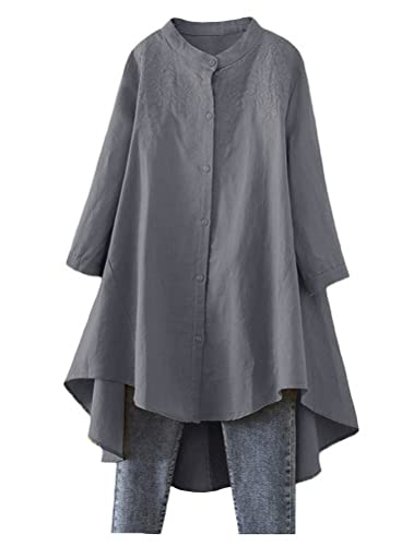 Minibee Women's Cotton Linen Shirt High Low Button Down Embroidered Blouse Long Sleeve Tunic Tops - Image 1