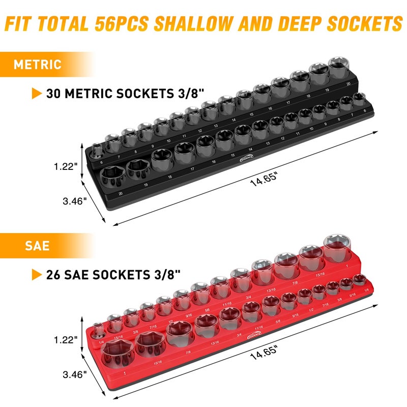 GOOACC 3/8" Magnetic Socket Organizer, 2 Pieces Metric & SAE Socket Drive Holders 3/8 inch Socket Organizer Tray Holds 56 Standard Sockets for Toolboxes - Image 3