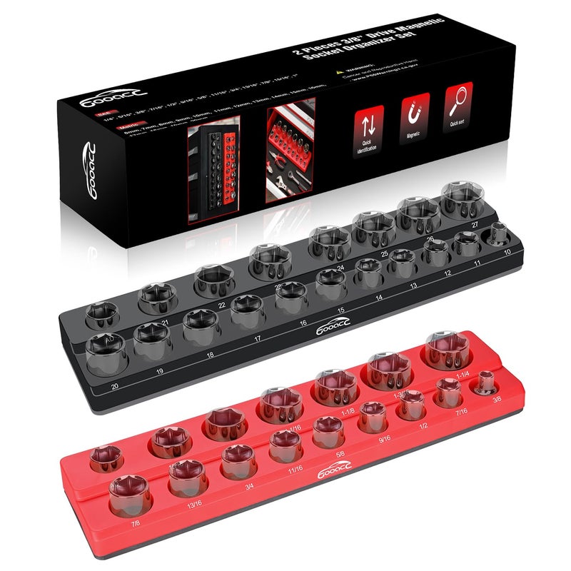 GOOACC 3/8" Magnetic Socket Organizer, 2 Pieces Metric & SAE Socket Drive Holders 3/8 inch Socket Organizer Tray Holds 56 Standard Sockets for Toolboxes - Image 1