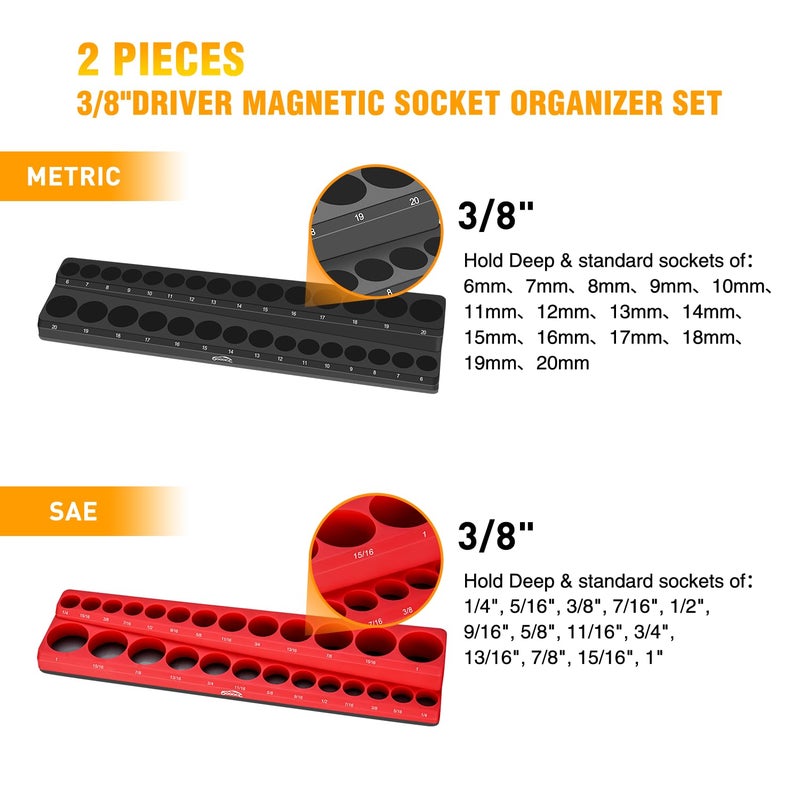 GOOACC 3/8" Magnetic Socket Organizer, 2 Pieces Metric & SAE Socket Drive Holders 3/8 inch Socket Organizer Tray Holds 56 Standard Sockets for Toolboxes - Image 2