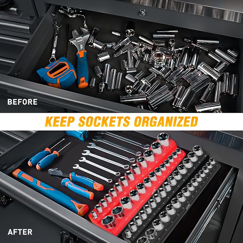 GOOACC 3/8" Magnetic Socket Organizer, 2 Pieces Metric & SAE Socket Drive Holders 3/8 inch Socket Organizer Tray Holds 56 Standard Sockets for Toolboxes - Image 5