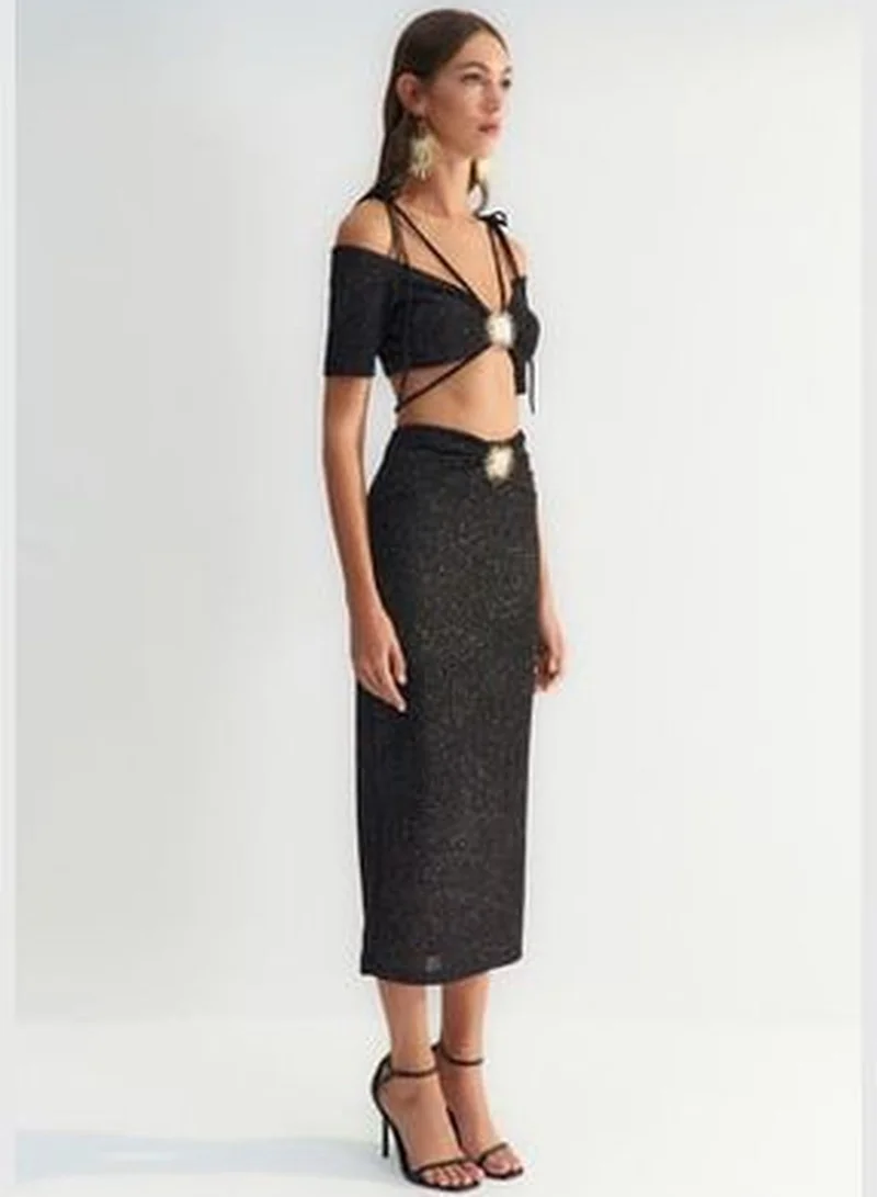 trendyol X Zeynep Tosun Black Sunglasses Glittery Knitted Skirt TCLSS23ET00009.