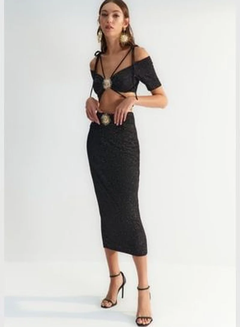 trendyol X Zeynep Tosun Black Sunglasses Glittery Knitted Skirt TCLSS23ET00009.