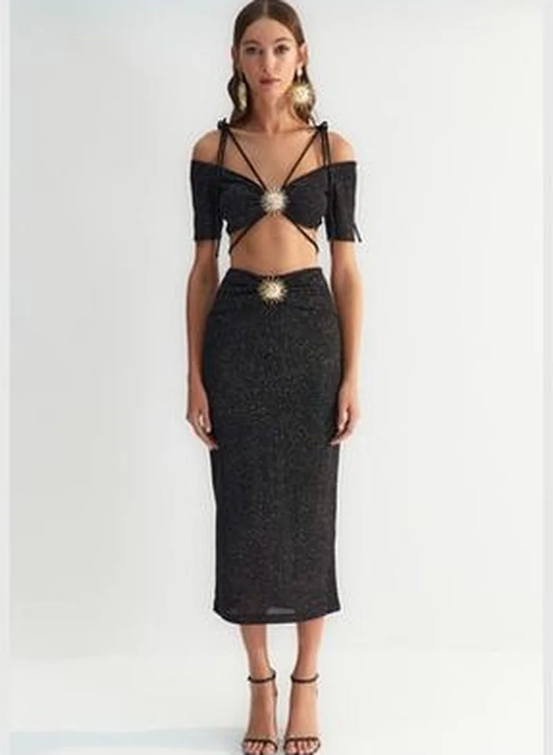 trendyol X Zeynep Tosun Black Sunglasses Glittery Knitted Skirt TCLSS23ET00009.