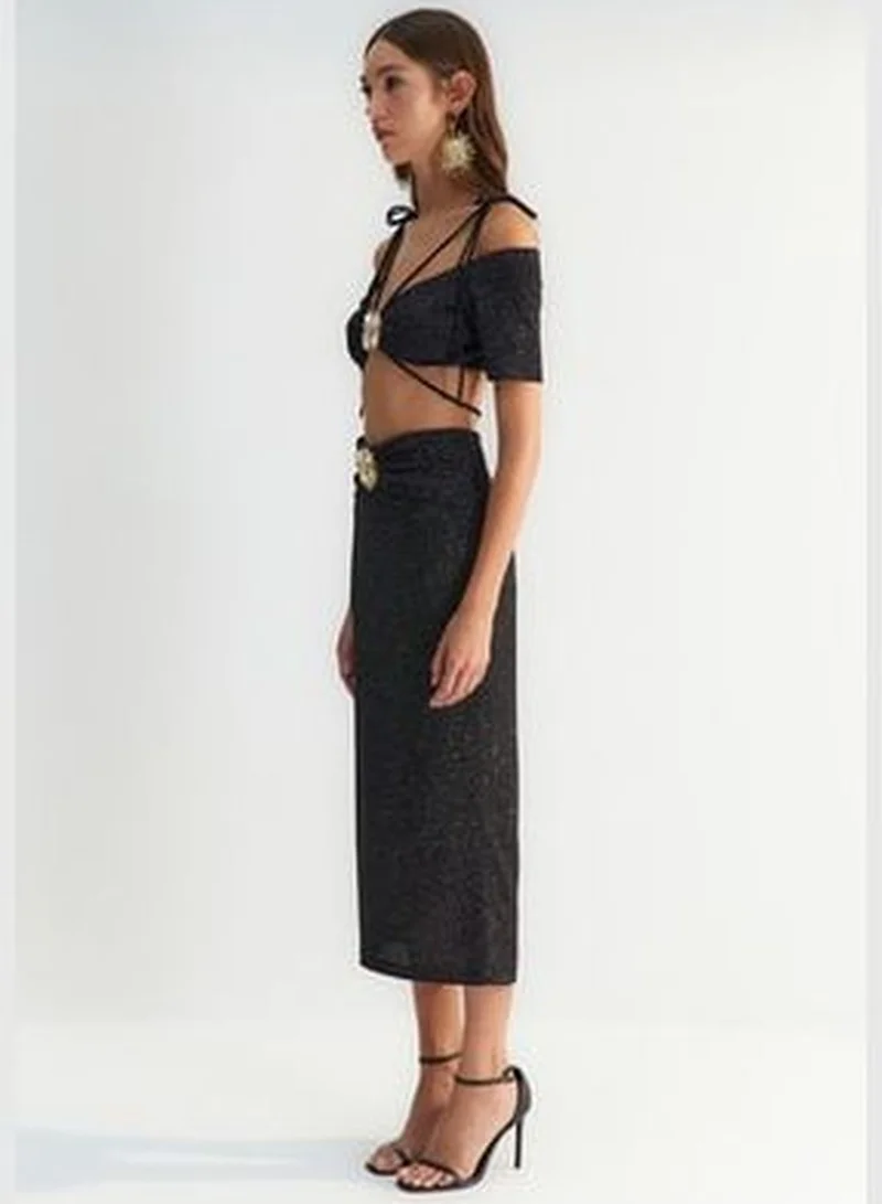 trendyol X Zeynep Tosun Black Sunglasses Glittery Knitted Skirt TCLSS23ET00009.