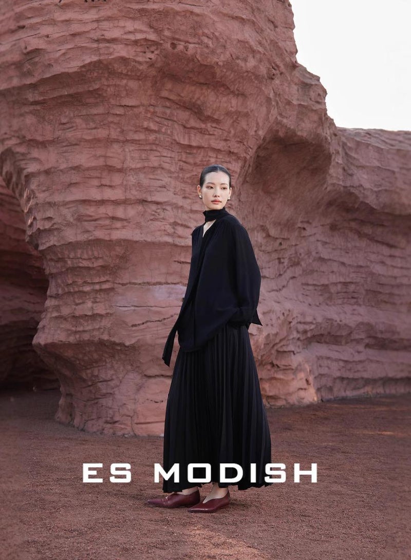 Saraia بلوزة سوداء بأكمام طويلة من ES MODISH مع تفاصيل شريط أنيقة - Image 2