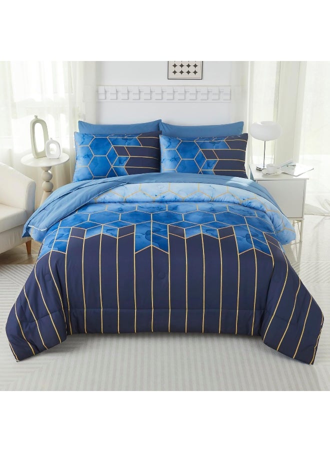 Generic PERFEMET Full Size Comforter Sets Blue Gold Striped Bedding Sets Geometric Marble Print Bed in A Bag, 7 Pieces  - Image 1