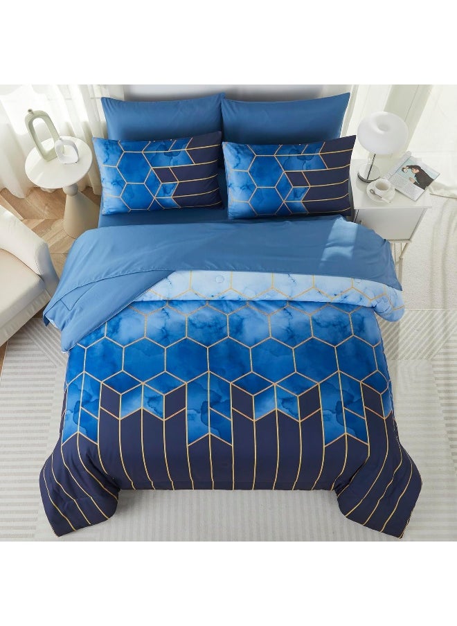 Generic PERFEMET Full Size Comforter Sets Blue Gold Striped Bedding Sets Geometric Marble Print Bed in A Bag, 7 Pieces  - Image 3