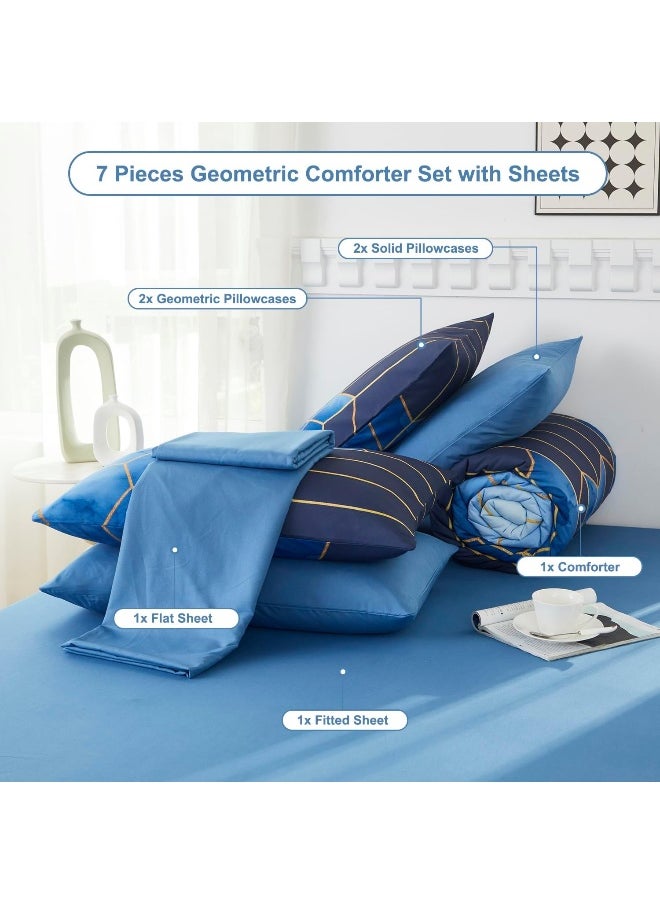 Generic PERFEMET Full Size Comforter Sets Blue Gold Striped Bedding Sets Geometric Marble Print Bed in A Bag, 7 Pieces  - Image 4