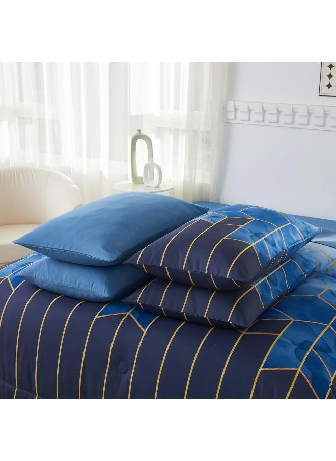 Generic PERFEMET Full Size Comforter Sets Blue Gold Striped Bedding Sets Geometric Marble Print Bed in A Bag, 7 Pieces  - Image 5