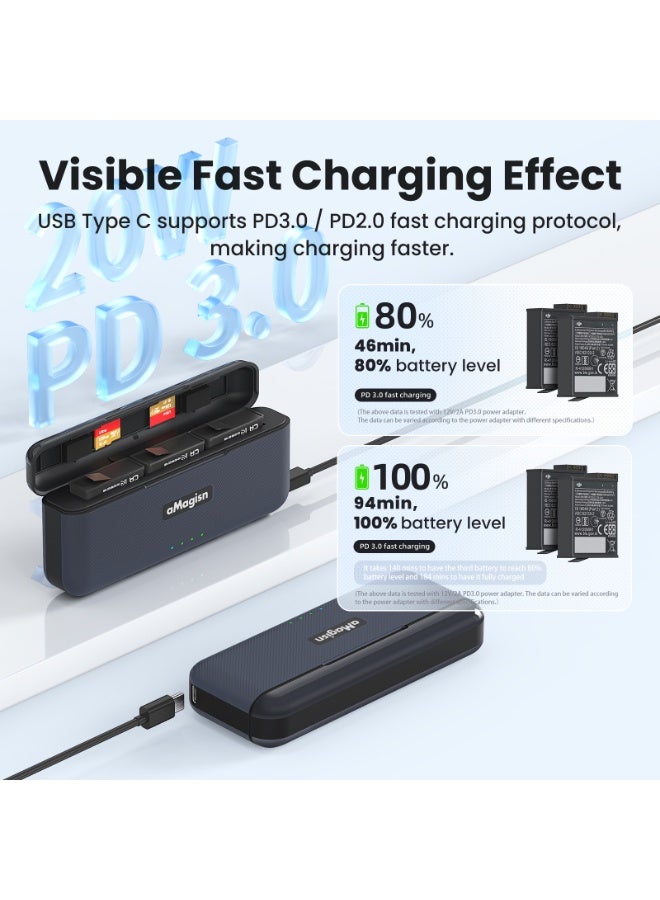aMagisn شاحن بطارية سريع متوافق مع DJI Action5Pro، بعلبة تخزين، منفذ USB-C PD3.0/2.0، غطاء مغناطيسي، إدارة ذكية للطاقة، وحامل بطاريات وMicroSD - Image 2