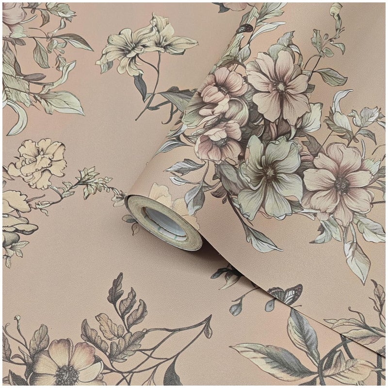Theper Floral Wallpaper Peel and Stick Wallpaper Boho 17.3"Ã—78.8" Vintage Floral Contact Paper for Cabinets Removable Self Adhesive Wall Paper for Bedroom Butterfly Flower Mural Decor Vinyl Roll - Image 1