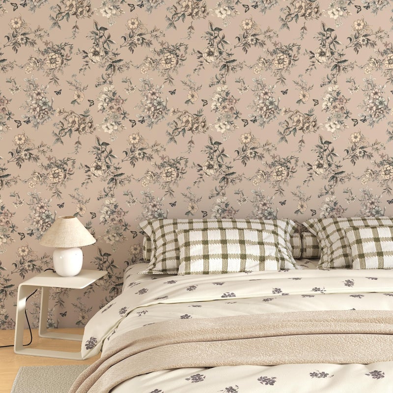 Theper Floral Wallpaper Peel and Stick Wallpaper Boho 17.3"Ã—78.8" Vintage Floral Contact Paper for Cabinets Removable Self Adhesive Wall Paper for Bedroom Butterfly Flower Mural Decor Vinyl Roll - Image 5