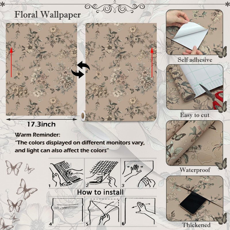 Theper Floral Wallpaper Peel and Stick Wallpaper Boho 17.3"Ã—78.8" Vintage Floral Contact Paper for Cabinets Removable Self Adhesive Wall Paper for Bedroom Butterfly Flower Mural Decor Vinyl Roll - Image 3