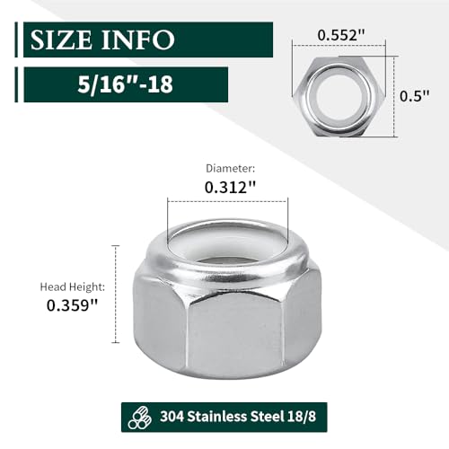 EASTLO 5/16"-18 Nylon Insert Hex Lock Nuts, Allen Hex Drive, 304 Stainless Steel 18-8, Full Thread, Coarse Thread UNC, Pack of 10 - Image 3