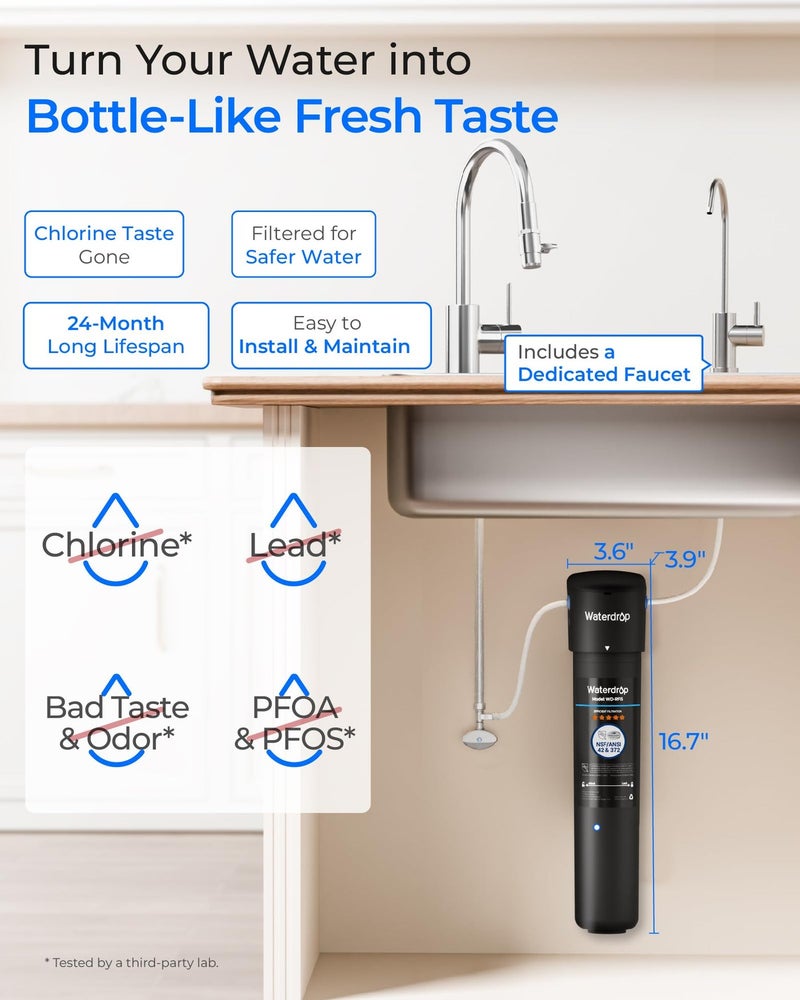 Waterdrop 15UB Under Sink Water Filter, Under Sink Water Filtration System for 2 Years, NSF/ANSI 42 Certified, Reduces PFAS, PFOA/PFOS, Lead, Under Sink Water Filter with Faucet, 19K Gallons - Image 4