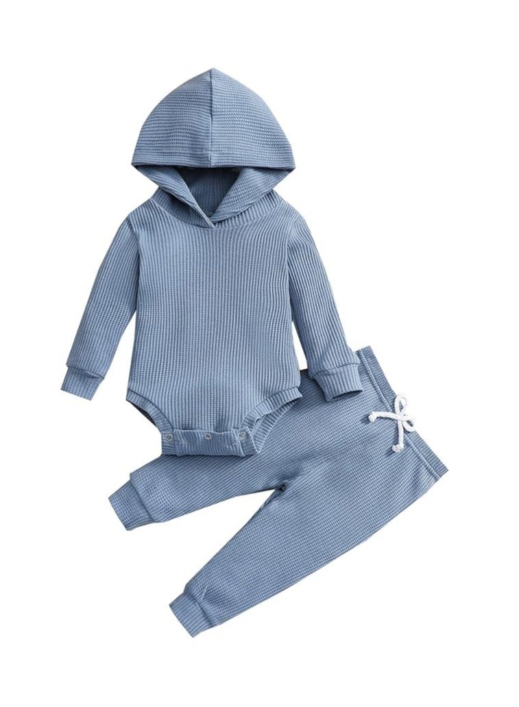 Newborn Unisex Baby Clothes Set Hooded Long Sleeve Bodysuit Stretchy Pants Ribbed Outfits Fall Winter - Image 1