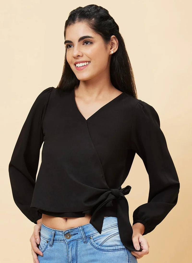 globus Globus Women Black V-Neck Puff Sleeves Wrap Crop Top