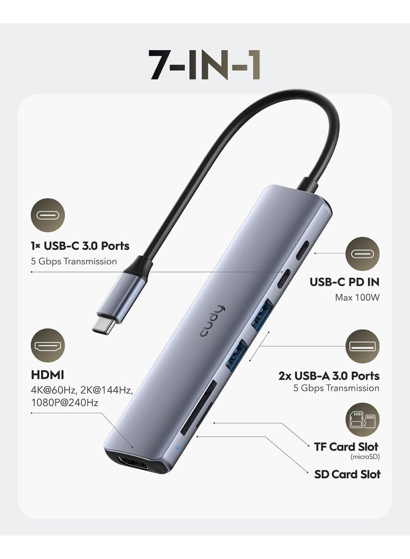Cudy USB C HUB 7-in-1 Multiport Adapter with 4K HDMI, 1 SD Slot, 1 TF Slot, 2 USB-A 3.2, 1 USB-C 3.2, 100W PD, Compatible with MacBook, Surface, iPad, UH407 - Image 2
