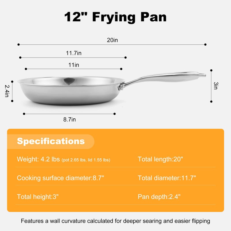 Ranbomer Stainless Steel Panï¼ŒNon-Toxic PFAS, PFOA & PTFE Free, Compatible With All Cooktops & Induction Safe, Oven Safe Pan for Searing & SautÃ©ing, Long Lasting Cookware. (12 Inch) - Image 5