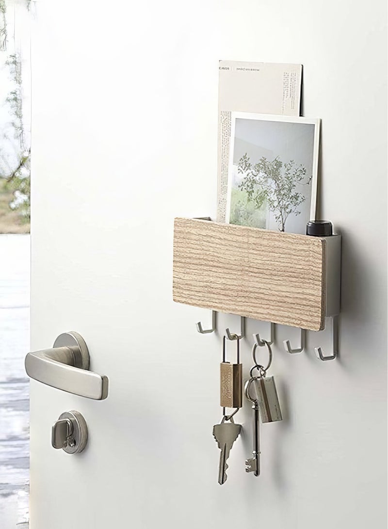 Decorative Key Holder for Wall Shelf - Farmhouse Wood Wall Hanging Mail Organizer with 5 Sturdy Key Hooks for Home Entryway Decor - Image 1
