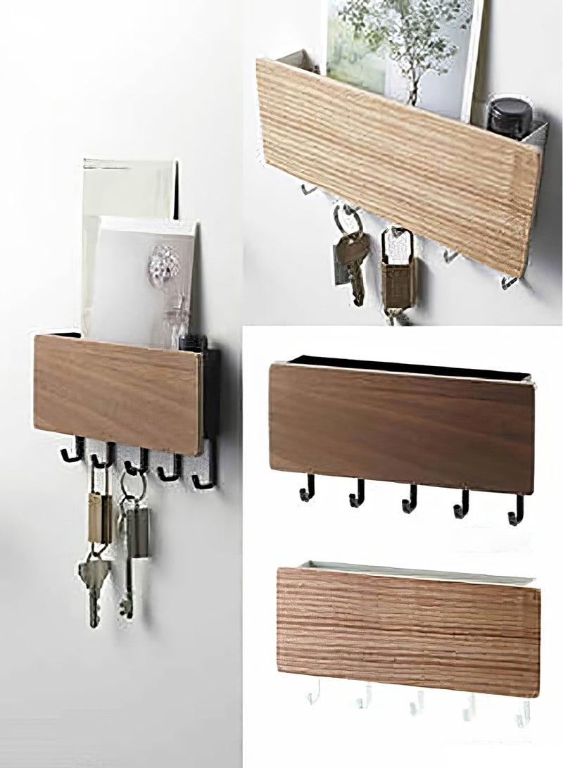 Decorative Key Holder for Wall Shelf - Farmhouse Wood Wall Hanging Mail Organizer with 5 Sturdy Key Hooks for Home Entryway Decor - Image 4