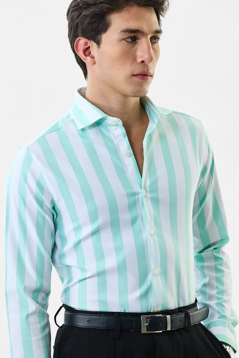 سنيتش Mint Striped Long Sleeve Slim Fit Luxe Shirt