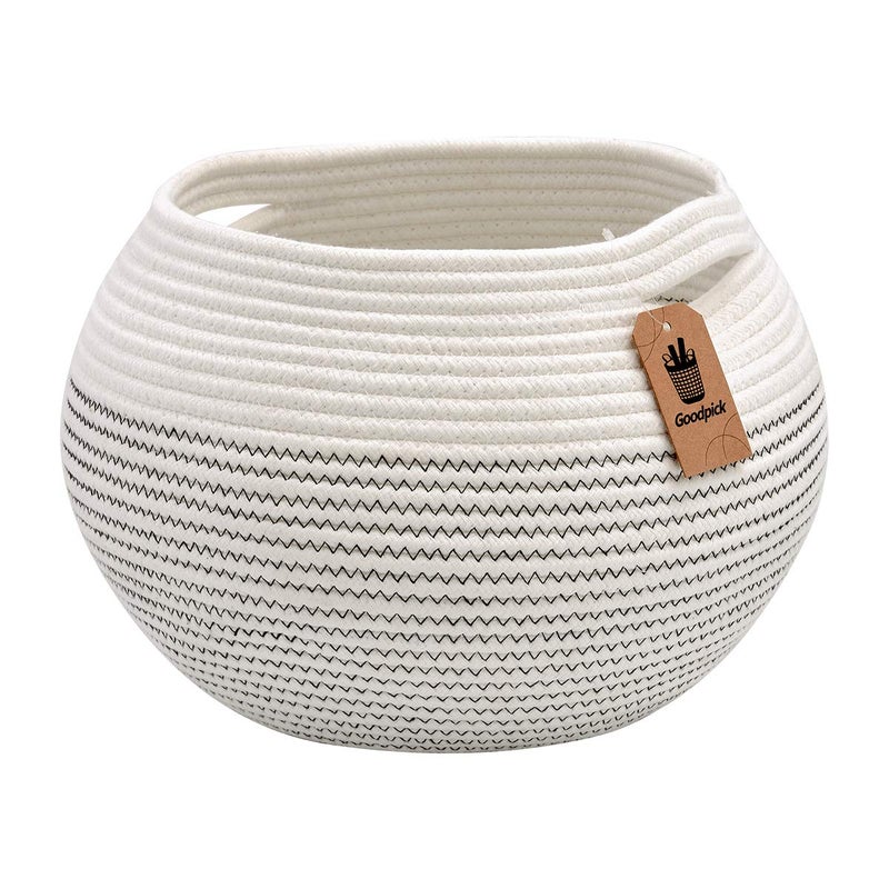 Goodpick Round Cotton Rope Storage Basket for Living Room, Bathroom, Kids' Corner & Shelves, Stores Towels, Cat Toys, Plants, White, 10"D x 8.3"H - Image 1